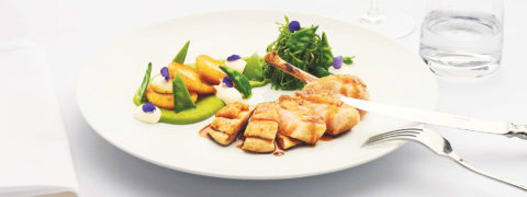 a detail shot of a beautifully prepared dinner. The plate is garnished with bright green herbs. Shiny silverware are leaned against the white plate. There is a glass of sparkling water next to the plate.