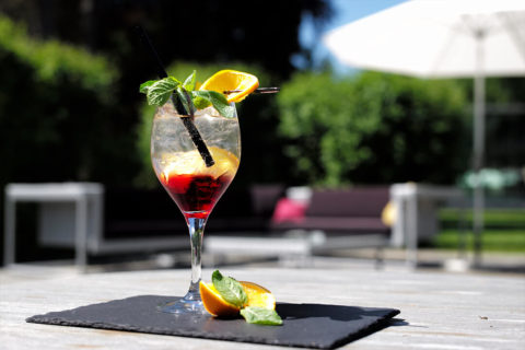 a detail shot of a craft cocktail. The glass is set on a slate serving board. The cocktail has red syrup on the bottom and is clear on top. The drink and the serving platter are garnished with lemon slices and mint leaves