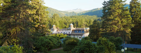 a landscape shot of the Waldhaus Flims resort building and the surrounding grounds. The building is white and is contrasted by the bright green of the evergreen trees that surround it.