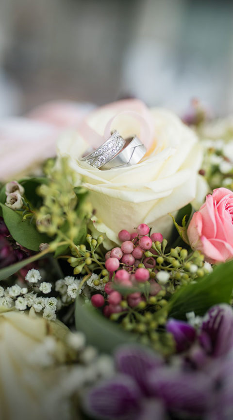 two wedding bands are perched on a white rose. One band is thinner and covered in little diamonds and the other is thicker and simple. Surrounding the white rose are flowers of different colors and shapes.
