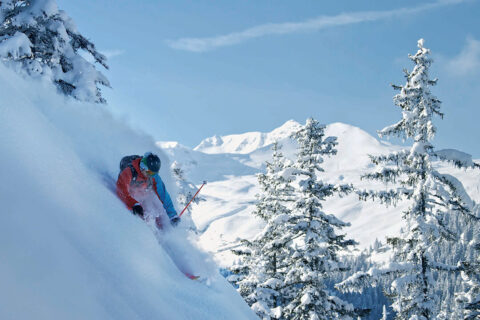 A young traveler skis down an Alpine slope during a winter holiday in the Swiss Alps at Waldhaus Flims Resort & Spa